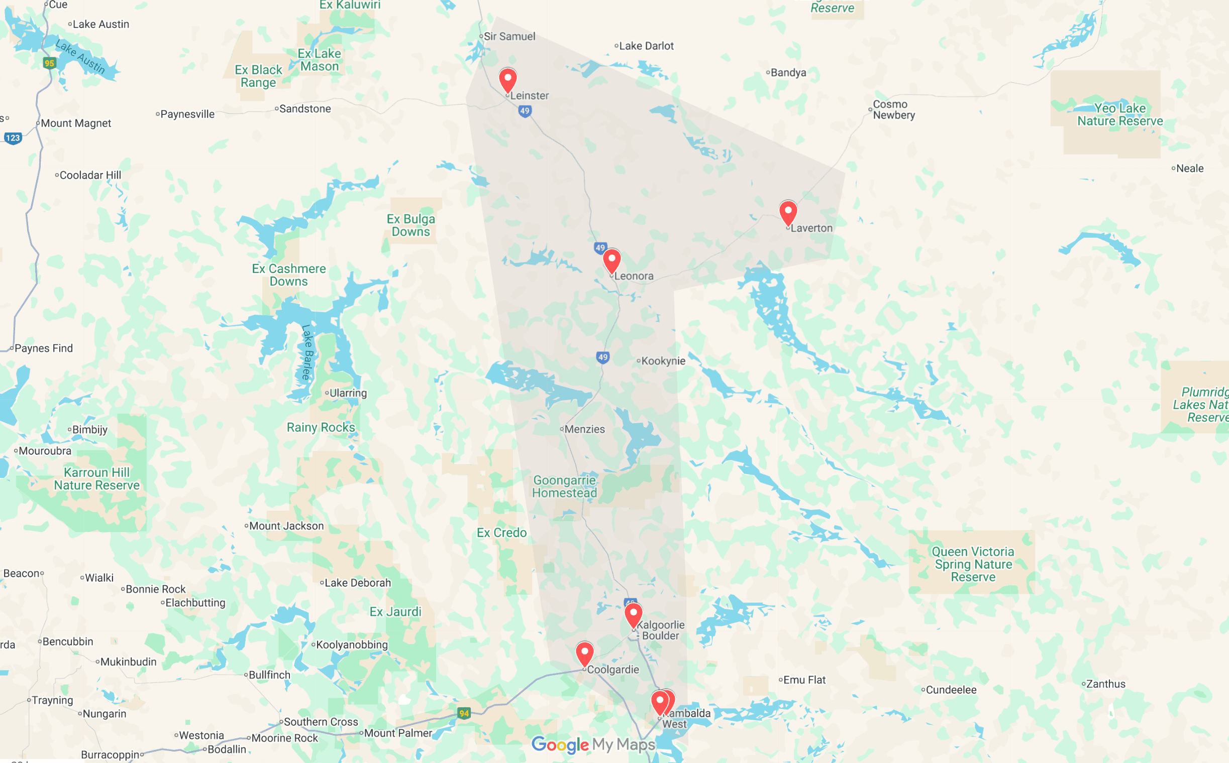 Map showing A1 Vending’s service area for Kalgoorlie vending machines, covering Kambalda, Coolgardie, Kalgoorlie–Boulder, Leonora, Leinster and Laverton in regional Western Australia.