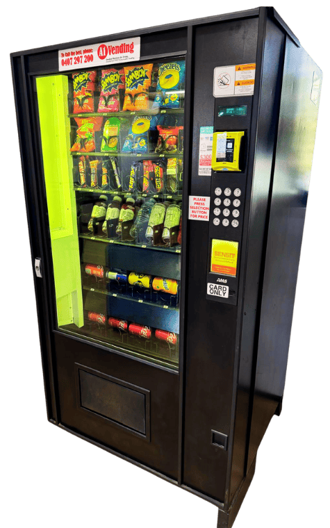 A1 Vending snack and drink vending machine with card-only cashless payment.
